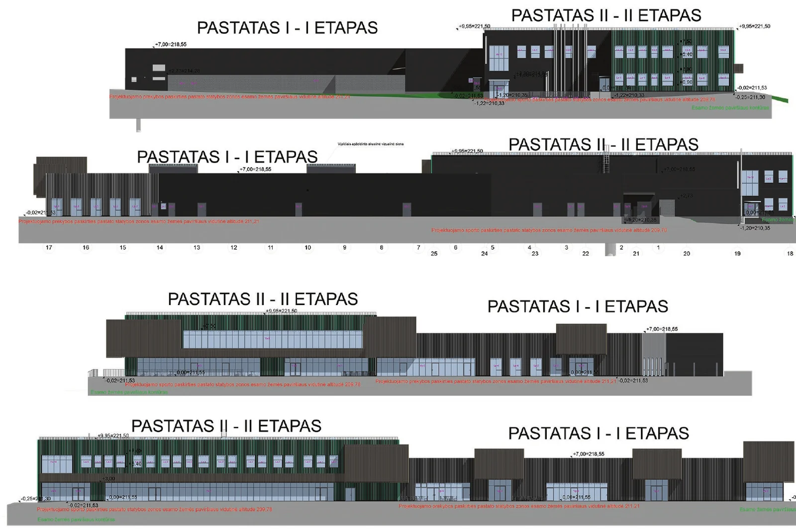 Brėžinys: fasadai, I ir II etapai